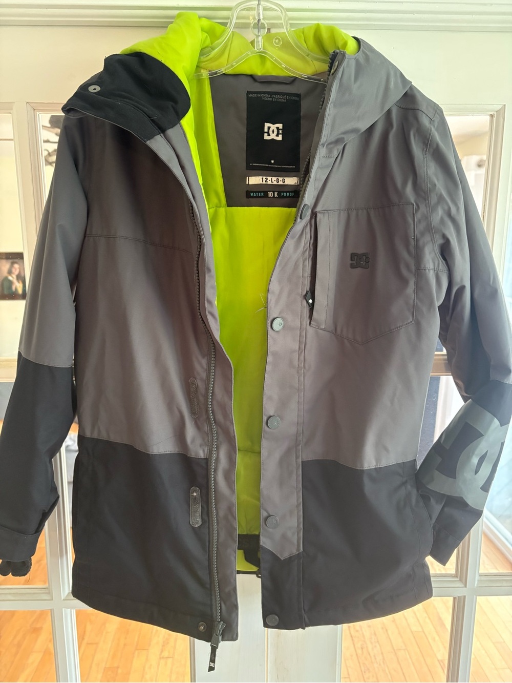 DC Kids Gray and Neon Yellow Hooded ski jacket